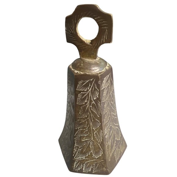 Vintage Chinoiserie Brass Hand Bell Leaf Engraving Hexagon Zen Altar Bell - Picture 2 of 4